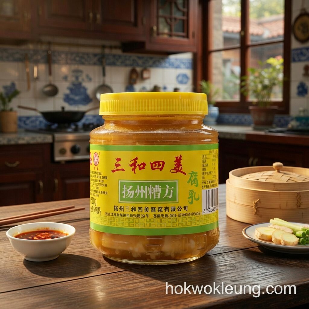 Yangzhou Sanhe Simei Zao Fang Fermented Tofu (Sufu), 500g jar 揚州三和四美糟方腐乳500g瓶裝
यांगझोउ सान्हे सिमेई ज़ाओ फांग फर्मेंटेड टोफू (सुफू), 500g बोतलबंद
Tofu fermentado Zao Fang de Yangzhou Sanhe Simei, 500g en frasco